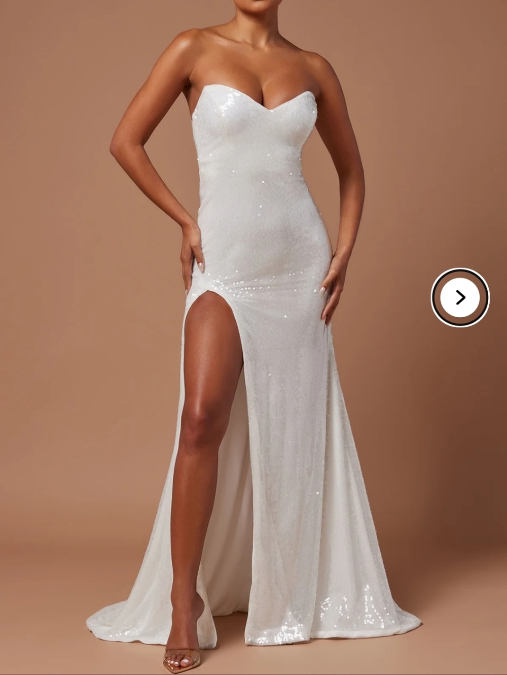 Strapless White Sequin Gown with High Slit